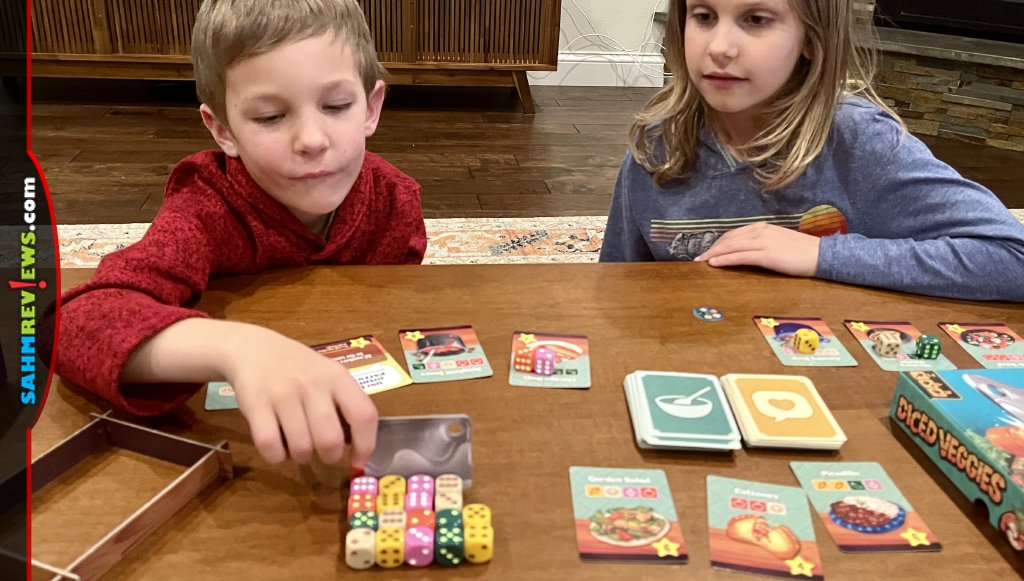 Who would have guessed kids would enjoy cutting veggies? It's part of Diced Veggies, a dice game from KTBG - SahmReviews.com
